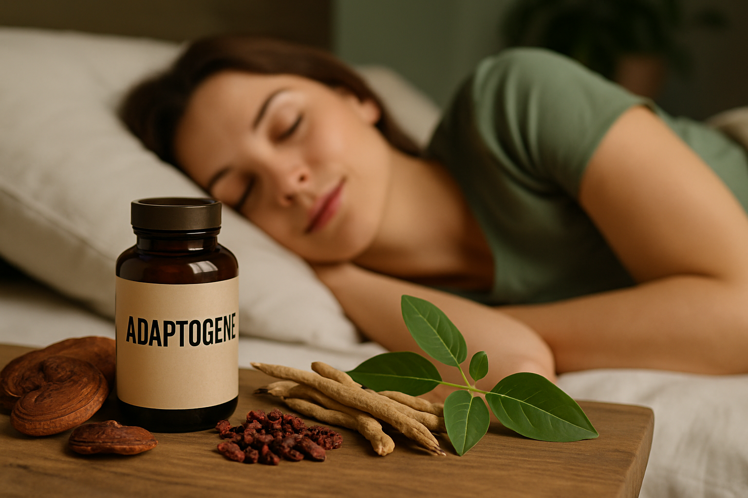 Entspannte Person im Bett mit natürlichen Adaptogenen für besseren Schlaf