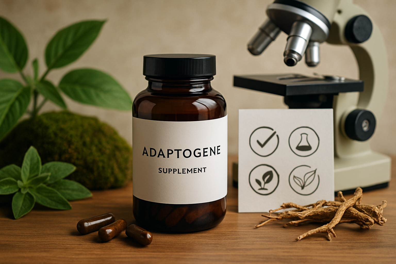 Hochwertige Adaptogene Supplements in verschiedenen Darreichungsformen auf natürlichem Hintergrund