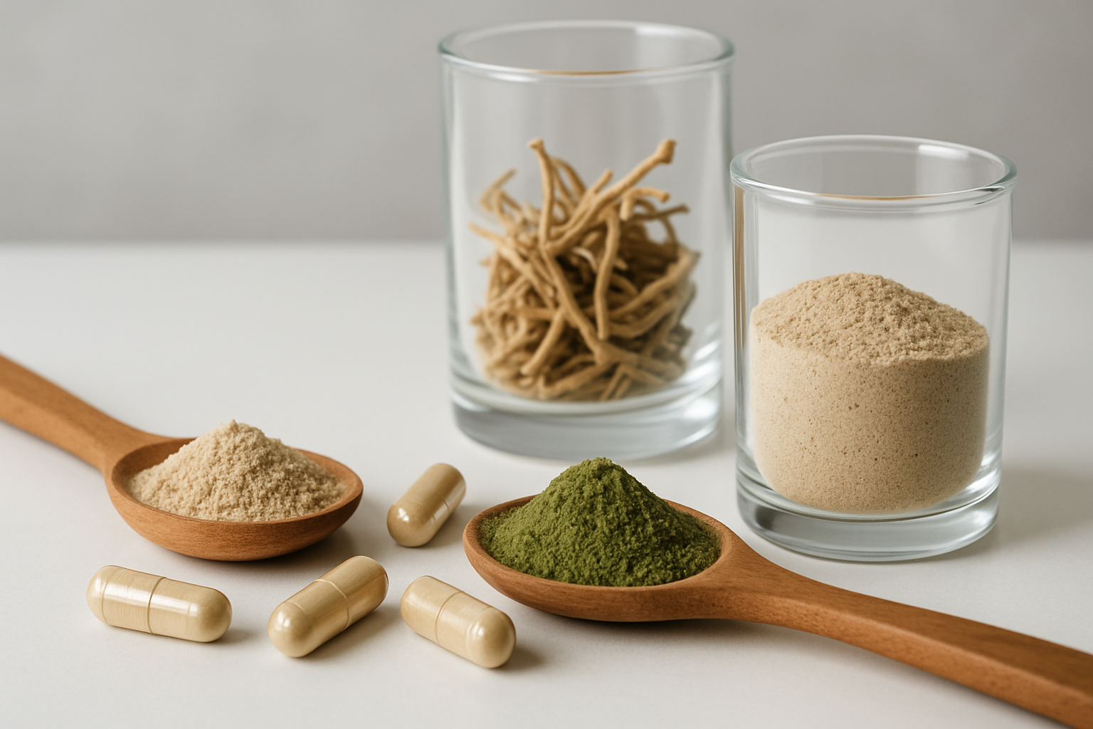 Verschiedene Adaptogene Supplements harmonisch arrangiert symbolisieren die Kunst der Kombination