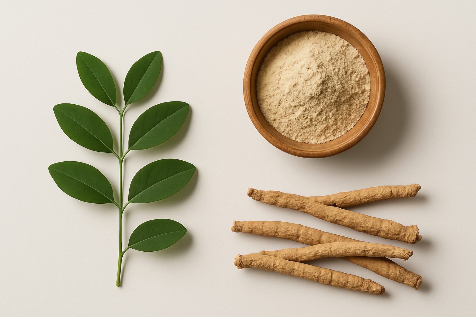 Übersicht verschiedener Adaptogene - Wurzeln, Pilze und Kräuter auf natürlichem Hintergrund