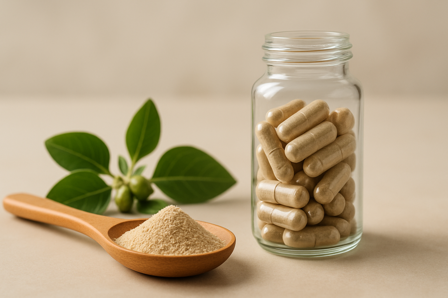 Ashwagandha Wurzel und Pulver auf natürlichem Hintergrund