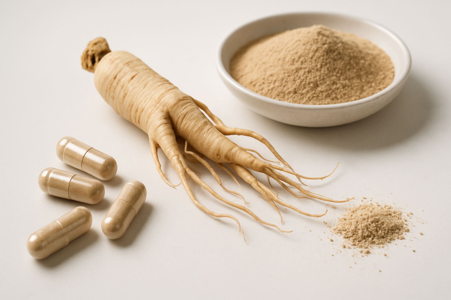 Ginseng Wurzel und getrocknete Scheiben auf natürlichem Holzhintergrund