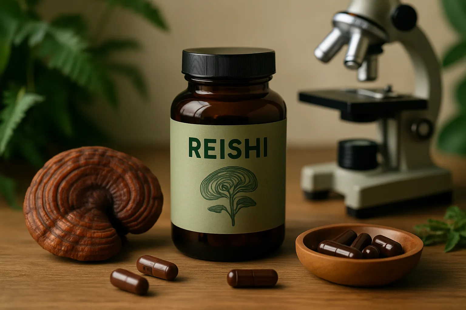 Reishi Vitalpilz auf Holz mit beruhigendem Ambiente für besseren Schlaf